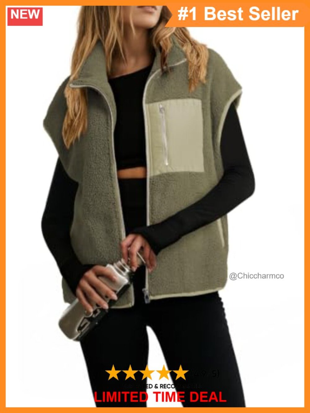 Sherpa Fleece Zip Up Oversized Vest Stand Collar Casual Layering